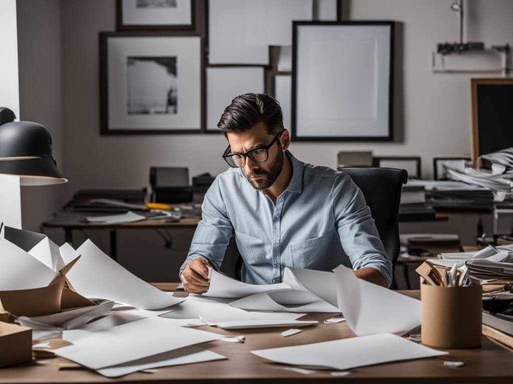 man with creative crunch looking at a pile of papers on desk