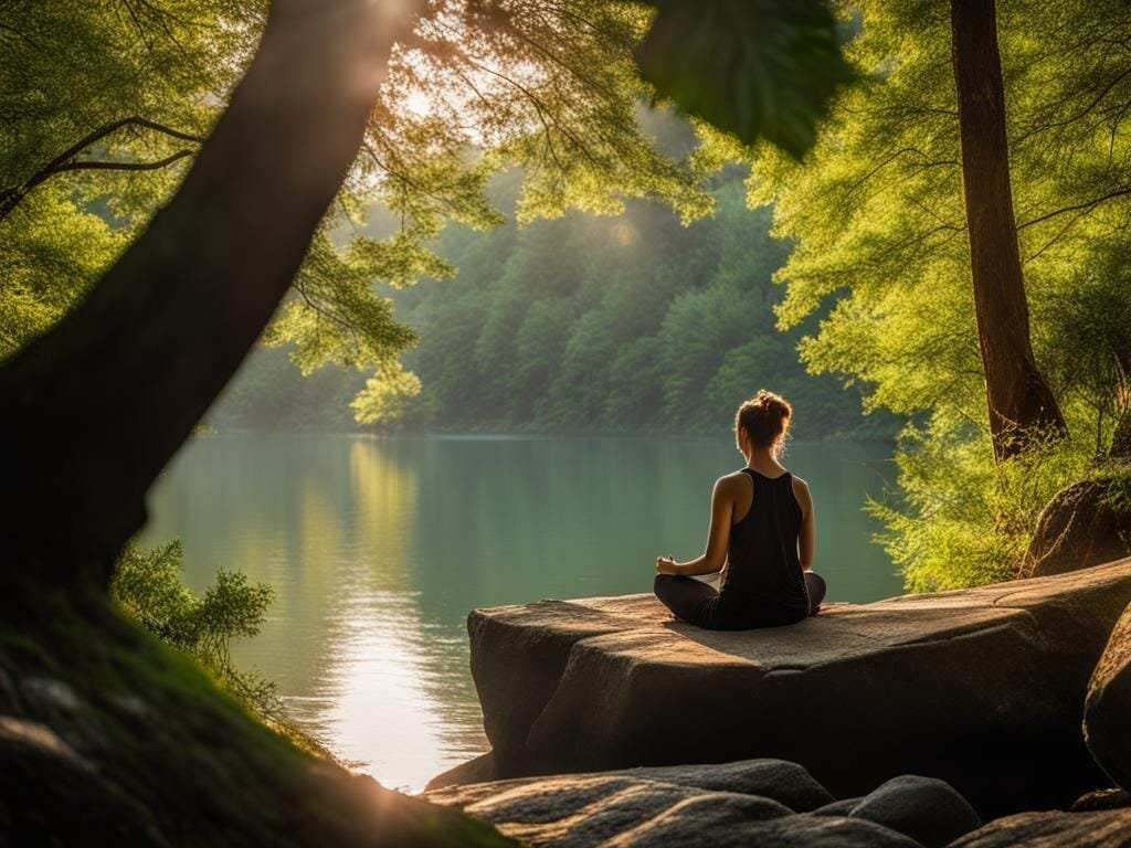 A solitary figure sitting on a rock in the midst of a serene natural landscape