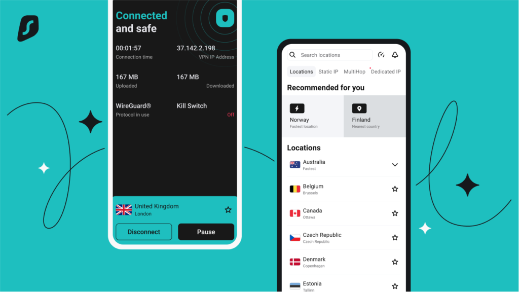 Surfshark Android Connected Locations